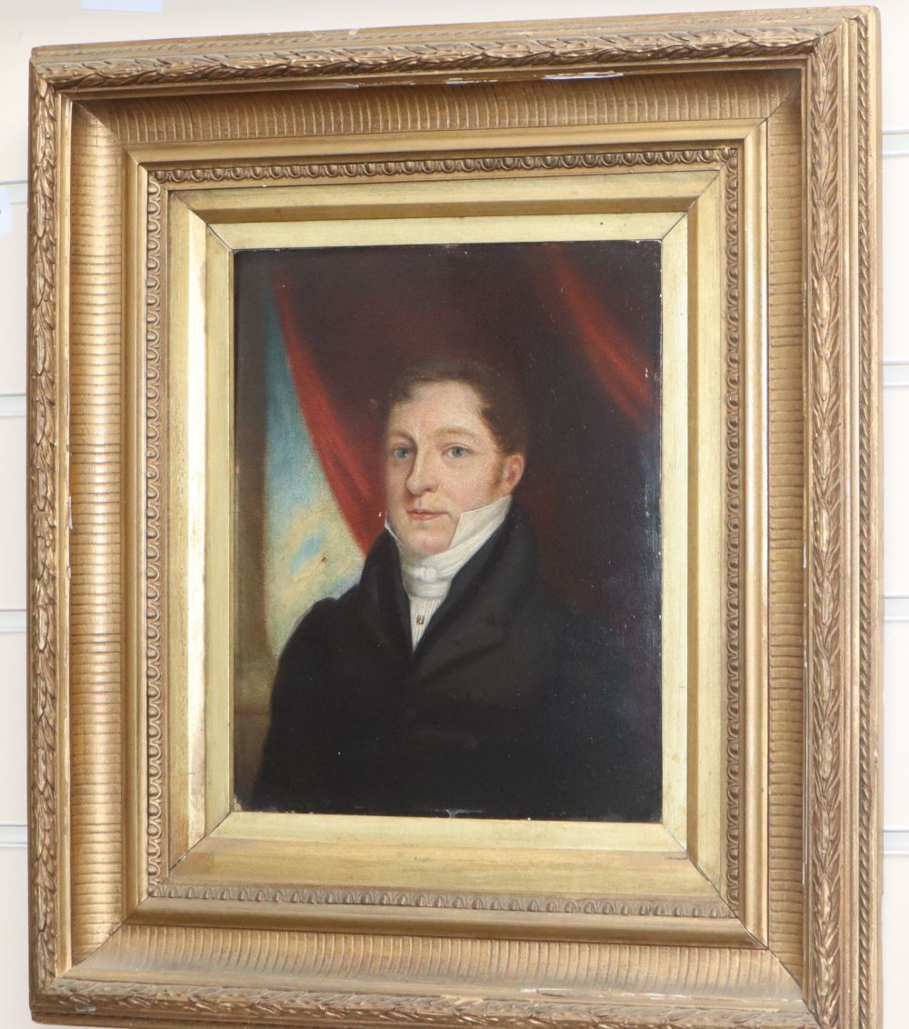 19th century English School, oil on mill board, Head and shoulder portrait of a gentleman wearing a black jacket, 25 x 20cm